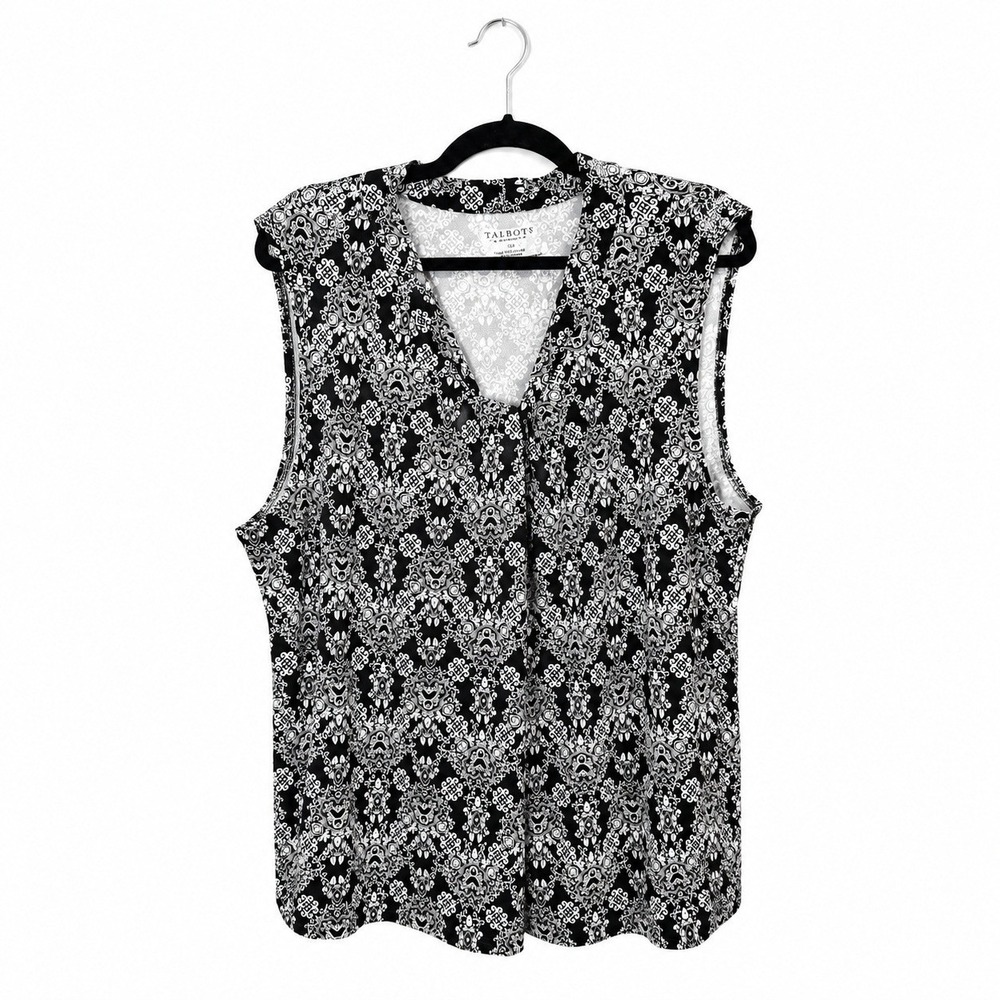 Talbots Knit Top Women 3X Black White Damask Sleeveless‎ V-Neck Pleated Shell